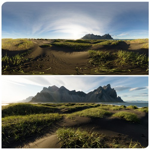 360 HDRI panorama of Iceland Stokksnes in 30k, 16k and 4k resolution