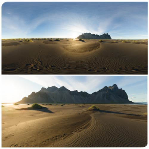 360 HDRI panorama of Iceland Stokksnes in 30k, 16k and 4k resolution